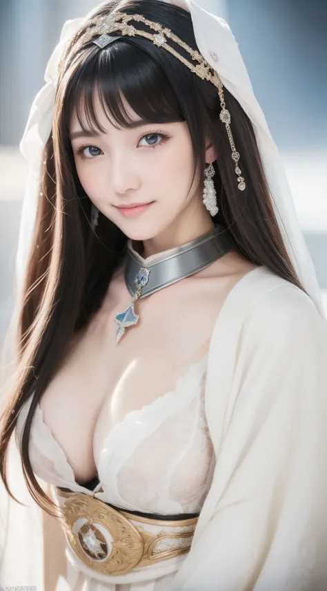 perfect figure beautiful girl:1.4, 17years old, smile, cleavage, huge breast Layered Hair Style, (Cleric:1.5), Jewelry Decoration, veil, Highly Detailed Face and Skin Textur, double-edged eyelid, Whiten the skin, long hair,  (background snow plains), diamo...