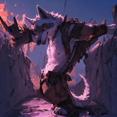 Death, man, wolf, gray fur, grasshopper hairstyle, no shirt, hands behind head, hairy armpits, hairy genitales, water covers lower part of waist, HD 8k, high resolution