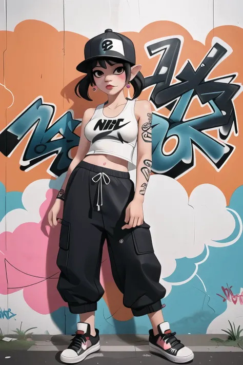 Graffiti Asian girl Graffiti style Wearing a hip hop hat, wide ears, nose piercing, cigarettes, Slipknot tattooed tank top, hip hop pants, and oversized Nike sneakers, standing in front of a wall of graffiti, Thai style, cloud graffiti. ,Graffiti work.