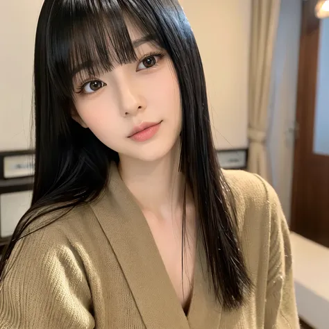 japanese woman、1 person、black hair、long hair、sexy and very thick lips、Big eyes、The space between the eyes is narrow、broad and low nose、Keep your bangs down and trimmed、long eyelashes、Surface length contour、small chin