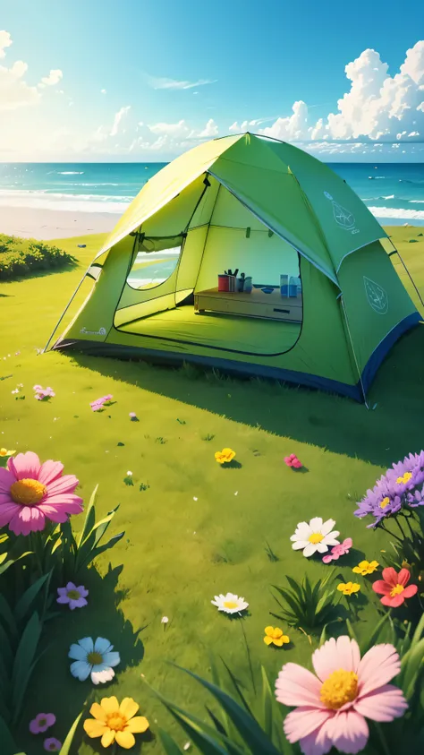 Camping tent on the beach ,camping supplies, surrounded by flowers,On green meadows, Cute cartoon design style, Fantastic visuals, soft sculpture, Camera, bright colors, bold shapes, Coastal scenery, capture the moment