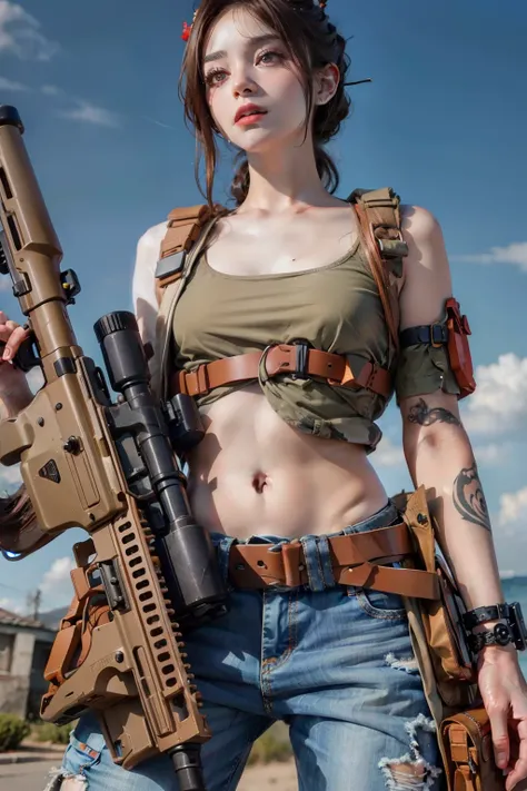 （Modify hair only、Face）Reddish-brown hair，Long curly hair，high ponytail，red headdress，red eyes，red eye，red pupils，Delicate and detailed eyes，sparkling eyes，Automatic Rifle，tattoo