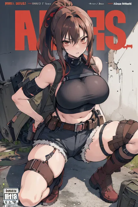 (animesque:1.3), (cover-style:1.3), Extreme refinement, 1girl in、long brown hair, ponytail, sexy, aloof look, glare, apocalypse, apocalyptic clothes, zombie apocalypse, survival gear, shorts, tank top, crop top, harness, belt, boots, backpack, shoujo, 2000...