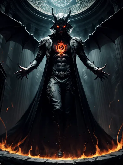 (the devil:1.1, magical) emerged from the (intricately drawn:1.1) (magic circle:1.4) in a burst of (dark energy). The devils (sinister:1.1) presence filled the (eerie:1.1) atmosphere with (ominous:1.1) anticipation. Its (fiery red eyes:1.1) glowed with (in...