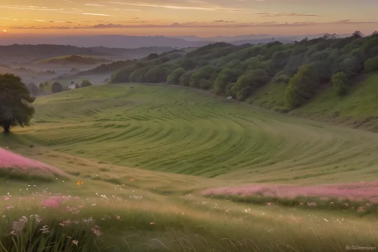 At the break of dawn, the sunrise paints the sky in soft hues of pink and orange over rolling hills and meadows. The scene is captured in a breathtakingly realistic painting, where every blade of grass, every flower, and every tree is vividly detailed. The...