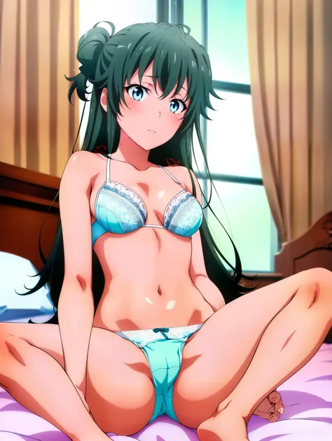 1 girl,(bed),(yukih0sita yukino),blush,underwear,(whole body:1,0),Sweat,long legs,barefoot,,(pussy cameltoe:1.0),((Love juice overflows from panties:1.0)),(stain on panties),(white bra),(White ruffled panties),