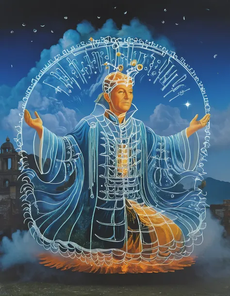 Blueprint art，Magic Formations, 3D Effects, Mystical Geometry, Sharp Focus Points, (Transparent Old Taoist Priest suspended in front of a magic formation of Chinese Bagua Formation Diagrams), Constellation Symbols like a torrential downpour in the sky, Ora...