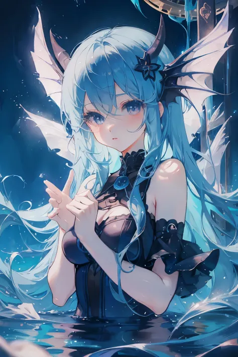 blue hair，succubus，girl，long hair，atmosphere，big eyes of the water spirit，anime cute art style, light and shadow