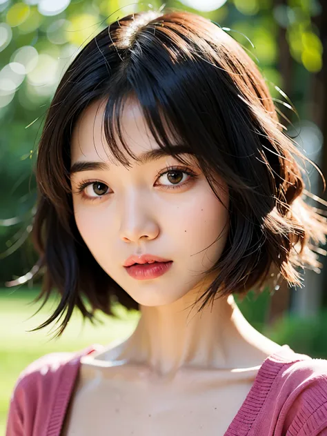 there is a young girl in a pink shirt, short hair, 短curls with bangs, urzan, young cute korean face, korean girl, hair with bang...