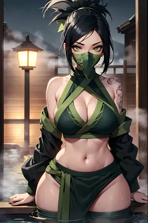 (masterpiece, best quality:1.2), intricate details, (Akali), 1 woman, (green crop top), pants, hair ribbon, bare shoulders, (green_mask),ponytail, (Black color_Tattoo:1.2), (Black color hair, sexy중년여성) , (big bust:1.2) , (wide hips, sexy:1.2) , (Spa) , (ou...