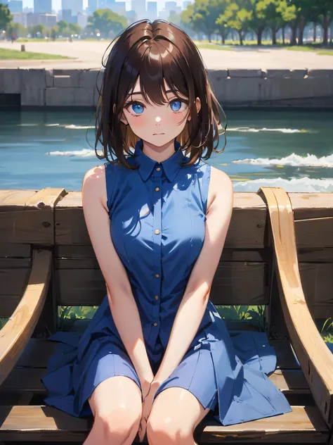 highest quality, realistic, 8k, High resolution, full color, 1 girl, woman, 20 years old woman, (closed mouth:1.73), (skin dents), (portrait:0.6), wood, park bench, dawn, ((park background:1.52)), full color, ((sleeveless blue shirt:1.58)), looking at the ...