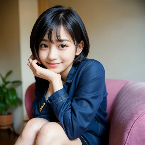 Best-quality, Masterpiece, Ultra-High-Resolution, (Photorealistic:1.4), Raw-Photo, at hotel-room, 1girl, 15-years-old, the most famous Japanese idol, wearing only navy-blue jacket, sitting on luxurious-chair, extremely cute face like the most popular Japan...