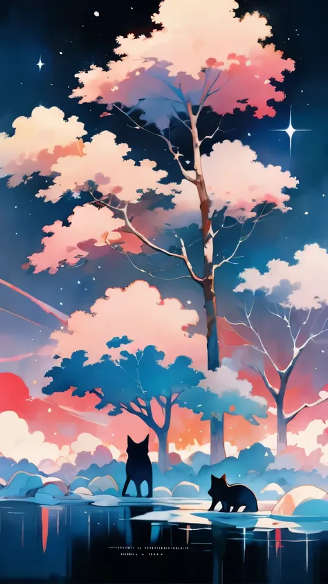 abstract minimalist-style landscape,artist name,black cat,branch,circle,cloud,cloudy sky,fire,fireworks,full moon,galaxy,light particles,moon,nature,outdoors,plant,pool,potted plant,red sky,signature,sky,snow,solo,space,starry sky,starry sky print,sun,tree...