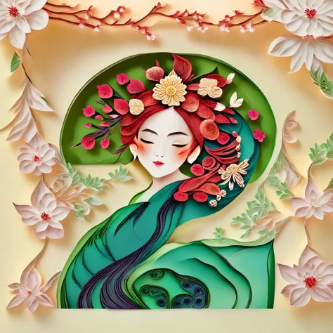 Light Green background,(Beautiful girl portrait,Plum Blossom, Jasmine),(Oriental elements, Chinese color,Very colorful),(number art, paper art,layered paper art,paper quilling,paper-cut,paper sculpture)