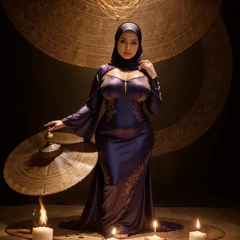 A (mature (age 40) curvaceous Malaysian woman, hijab no hair showing, silk magic gown), is a witch summoning a mythical monster into a magic circle