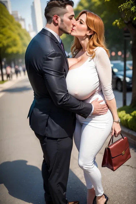 A 35 years old woman and her handsome husband, ((devotedly kissing each other)) in the park, the woman has a face like Julia Roberts, she is wearing a business shirt with deep cleavage, business trousers, high heels, (extremely huge saggy breast:1.3), smal...