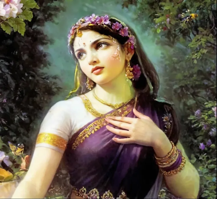 Radharani looking at a bumblebee, beautiful flowers, purple saree, forest scenery