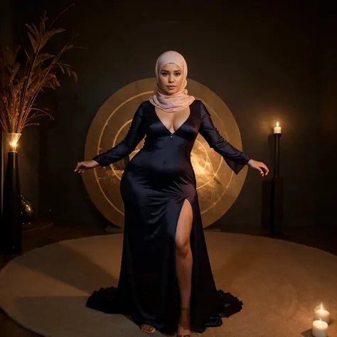 A (mature (age 40) curvaceous Malaysian woman, hijab no hair showing, silk magic gown), is a witch summoning a mythical monster into a magic circle