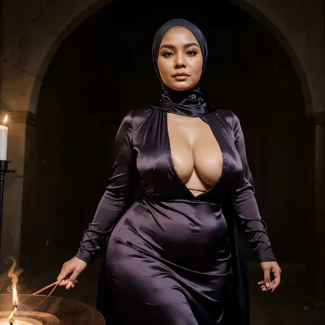 A (mature (age 40) curvaceous Malaysian woman, hijab no hair showing, silk magic gown), is a witch summoning a mythical monster into a magic circle