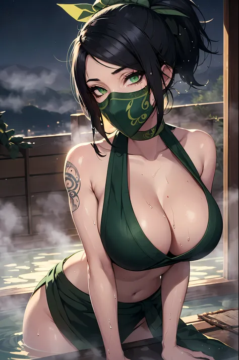 (masterpiece, best quality:1.2), intricate details, (Akali), 1 woman, (White_tub_clothes:1.2) hair ribbon, bare shoulders, (green_mask),ponytail, (Black color_Tattoo:1.2), (Black color hair, sexy중년여성) , (big bust:1.2) , (wide hips, sexy:1.2) , (Spa) , (out...