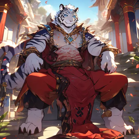 4k, actual, high detail, super detailed, prince outfit，Son。Abs loom，white tiger，white fur，Hands together，blue eyes，Pray in the temple，blush，There is a chest chain