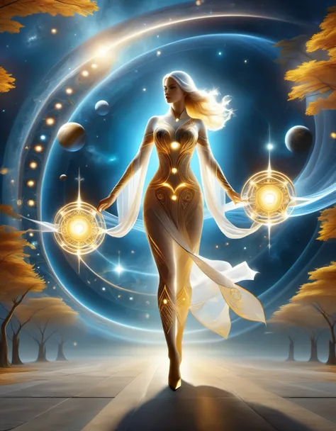 A beautiful woman against this interstellar background，Walking alone on Mobius Avenue，The 3D rendering of complex combination rituals, such as magic arrays, sacred geometry, sharp focal points, floating ghost mages, collapse of heaven and earth, combinatio...