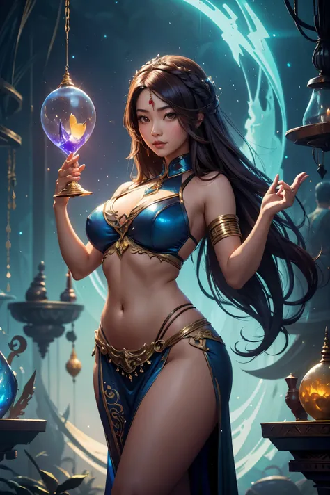 ethereal fantasy concept art of a (most beautiful Asian adult female belly dancer, hair highlights, thigh, thicc hourglass figure), on vacation enjoying the local party scene at dawn in inside a dark and mysterious alien junk shop in Knowhere by Marvel Gua...