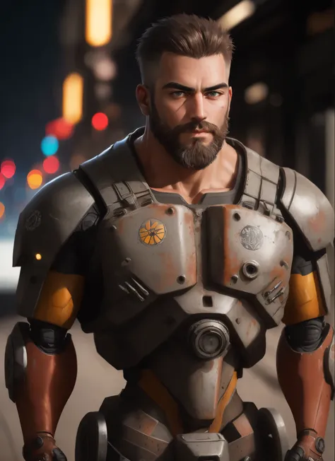 close up Portrait photo of muscular bearded guy in a worn mech suit, ((light bokeh)), intricate, (steel metal [rust]), elegant, sharp focus, photo by greg rutkowski, soft lighting, vibrant colors, masterpiece, ((streets)), detailed face