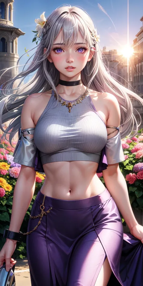 realistic, 1 girl, gray hair, purple eyes, shining eyes, crop top, skirt, parted lips, blush, night, flowers, sun, sunlight,