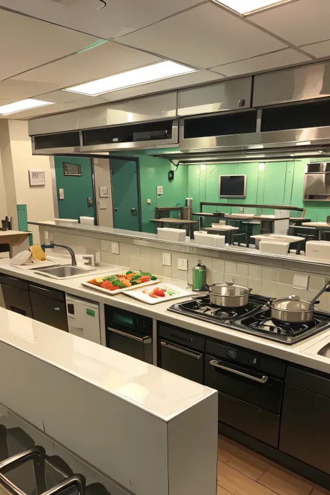 the kitchen in the public cafeteria, 10 squares, has all the cooking equipment, the colors are emerald white, professional cooki...