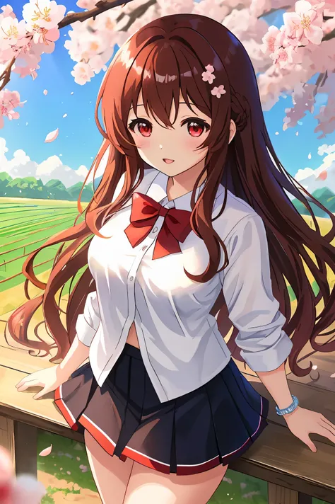 anime、2 high school girls、bottom angle、whole body、long brown hair、curly hair、red eyes、thick lips、well-groomed face、y shirt、mini skirt、beautiful breasts、cherry blossoms、cherry blossoms吹雪、countryside street、Paddy field、sunlight、masterpiece、ultra high resolut...