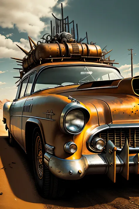 faithful image of an old rusty 1955 cadilac eldorado with spikes and spikes on the hood, the front of the car is sinister, there are crucifixes adorned in the car, military style with modifications, carro steampunk, dramatic art, estilo de arte dieselpunk,...