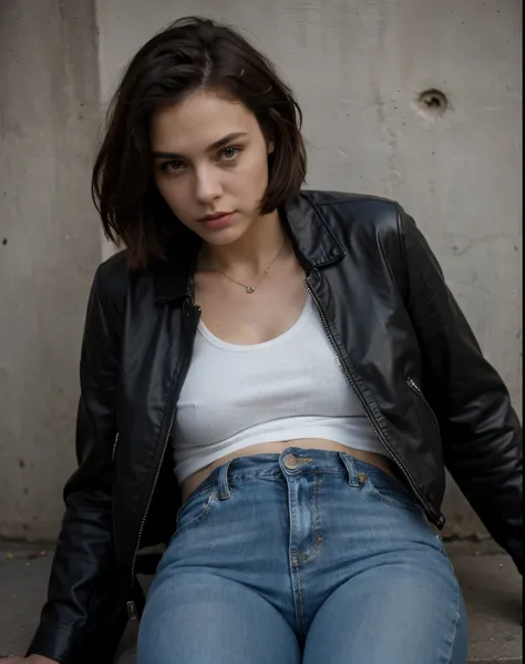 ((best quality)), ((masterpiece)), (detailed), perfect face, portrait, short hair, photoshoot, heavy shadows, city, street, black leather jacket, tank top, jeans