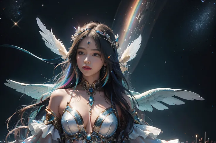 universe, Milky Way, Sparkling, angels, goddess, feather, happiness, rainbow aura, realistic, Super detailed, people々worship,