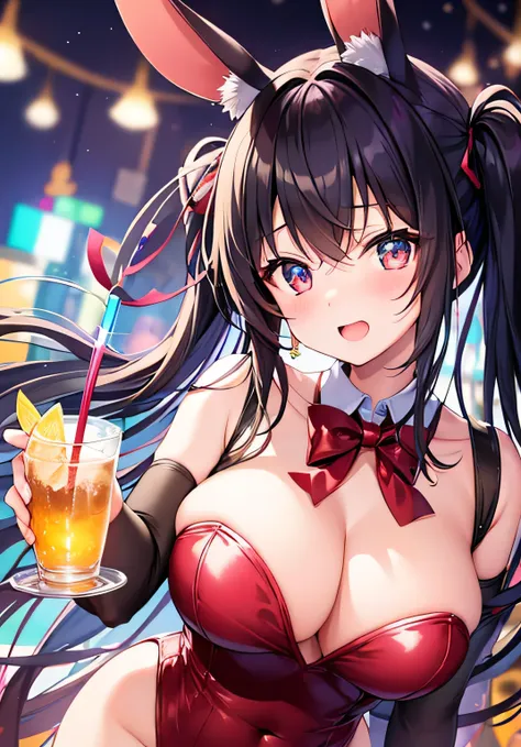 masterpiece、best image quality、ultra high resolution、teenage girl with big breasts、twin tail hairstyle、black hair、red face、shyly、Open your mouth just a little、Bunny girl costume that shows cleavage、rabbit ears headgear、beautiful feet、Inside the bar with a ...