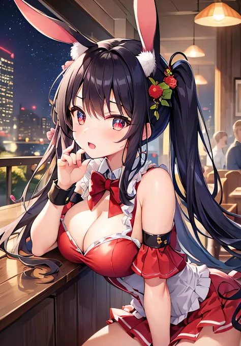 masterpiece、best image quality、ultra high resolution、teenage girl with big breasts、twin tail hairstyle、black hair、red face、shyly、Open your mouth just a little、Bunny girl costume that shows cleavage、rabbit ears headgear、beautiful feet、Inside the bar with a ...