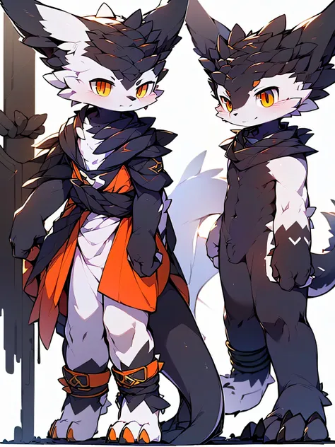 black dragon, ((softboy, charming, skinny，White skin, (big orange eyes), black scales, paw, Smooth all over，show body，Wolfs ears，stand on the ground, blank background， only one person，Detailed facial depiction, accurate detail depiction, 4k HD