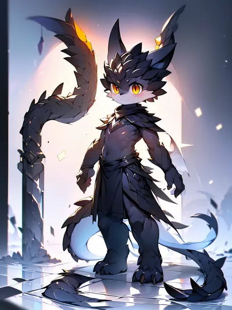 black dragon, ((softboy, charming, skinny，White skin, (big orange eyes), black scales, paw, Smooth all over，show body，Wolfs ears，stand on the ground, blank background， only one person，Detailed facial depiction, accurate detail depiction, 4k HD