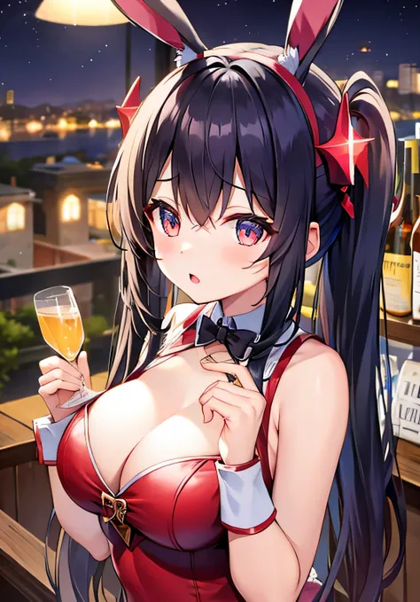 masterpiece、best image quality、ultra high resolution、teenage girl with big breasts、twin tail hairstyle、black hair、red face、shyly、Open your mouth just a little、Bunny girl costume that shows cleavage、rabbit ears headgear、beautiful feet、Inside the bar with a ...