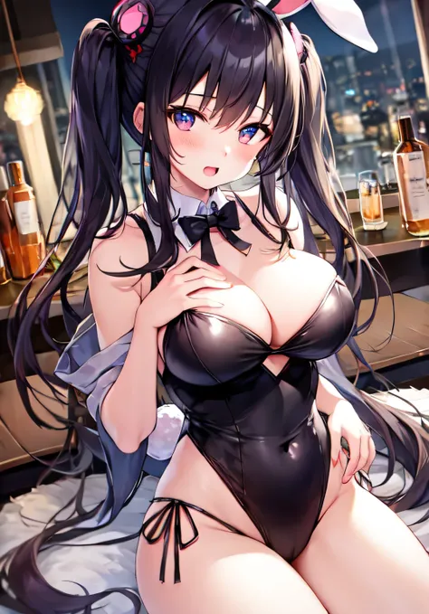 masterpiece、best image quality、ultra high resolution、teenage girl with big breasts、twin tail hairstyle、black hair、red face、shyly、Open your mouth just a little、Bunny girl costume that shows cleavage、rabbit ears headgear、beautiful feet、Inside the bar with a ...