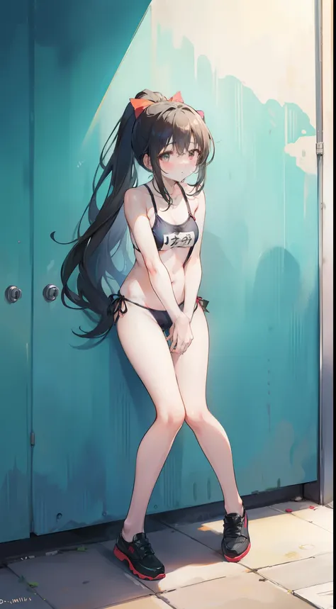 On a sunny day,public place background,,17-year-old long-haired girl pees in swimsuit,single ponytail,leaking pointed ,best quality