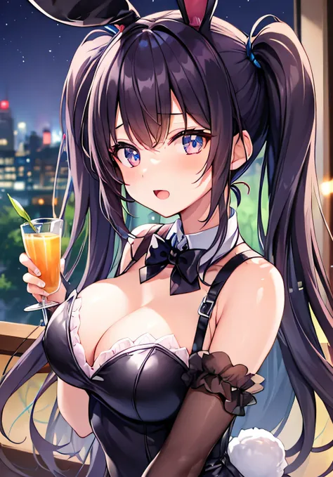 masterpiece、best image quality、ultra high resolution、teenage girl with big breasts、twin tail hairstyle、black hair、red face、shyly、Open your mouth just a little、Bunny girl costume that shows cleavage、rabbit ears headgear、beautiful feet、Inside the bar with a ...