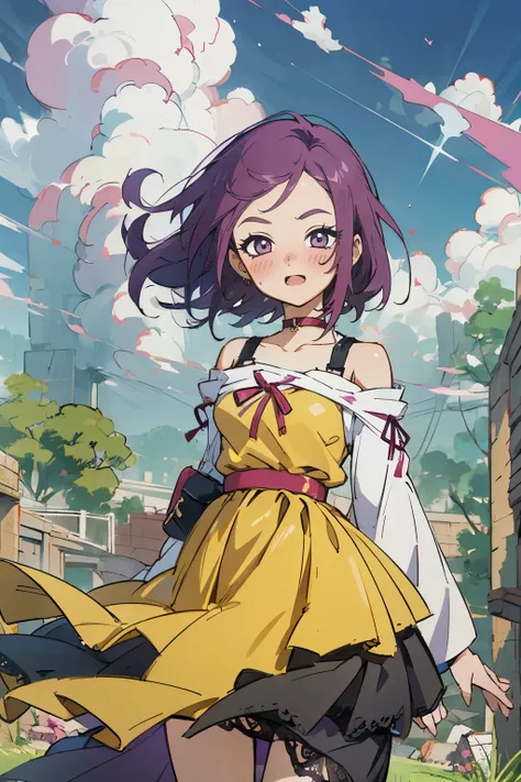 Kisho, jigokuraku, 1 girl, reddish Purple hair, Purple eyes, showa town, Ruins, Bang, Beautiful sky, shining sky, Sunshine, Smiling, Waving, Black Belts, black choker, Dresses that blow the wind, black Lace dress, wool sweaters, Off-shoulder sleeves