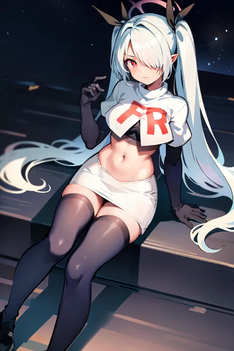 (masterpiece), 1girl, hair over one eye,magical world, shiny steps, beautiful sky, stars, jupiter, ioridef, team rocket,team rocket uniform,white skirt,crop top,black thigh-highs,black elbow gloves,