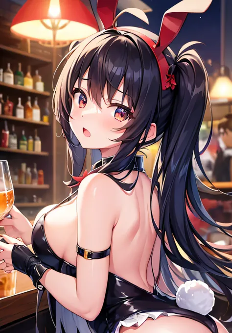 masterpiece、best image quality、ultra high resolution、teenage girl with big breasts、twin tail hairstyle、black hair、red face、shyly、Open your mouth just a little、Bunny girl costume that shows cleavage、rabbit ears headgear、beautiful feet、Inside the bar with a ...