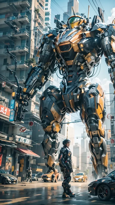 best quality,masterpiece,16k,Giant mecha,Vital Suits,building,Car tire structure feet,car,city,city lights,cityscape,cloud,day,destruction,east asian architecture,ground vehicle,Complex mecha structure,Looking up,Multicolored mecha,Half squat posture,full ...