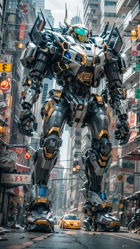 best quality,masterpiece,16k,Giant mecha,Vital Suits,building,Car tire structure feet,car,city,city lights,cityscape,cloud,day,destruction,east asian architecture,ground vehicle,Complex mecha structure,Looking up,Multicolored mecha,Half squat posture,full ...