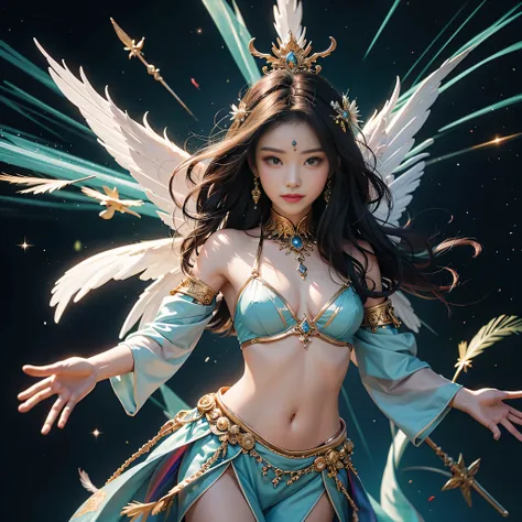 spiritual master, male, universe, Milky Way, Sparkling, angels, goddess, Swirling feathers, happiness, rainbow aura, realistic, Super detailed, people々worship,