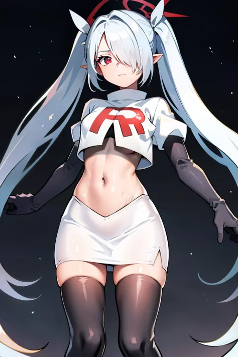 (masterpiece), 1girl, hair over one eye,magical world, shiny steps, beautiful sky, stars, jupiter, ioridef, team rocket,team rocket uniform,white skirt,crop top,black thigh-highs,black elbow gloves,