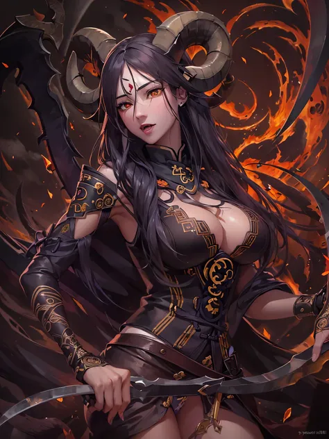 ((highest quality)),(ultra high resolution),(Super detailed),(detailed description),((best CG)),(best work of art),super precision art,amazing drawing art,(Fantasy art with precise details:1.5), (Female Devil:1.6),(beautiful and well-shaped face:1.5),crazy...